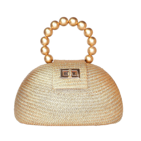 Beach Geometric Beaded Raffia Clutch with Turn Lock