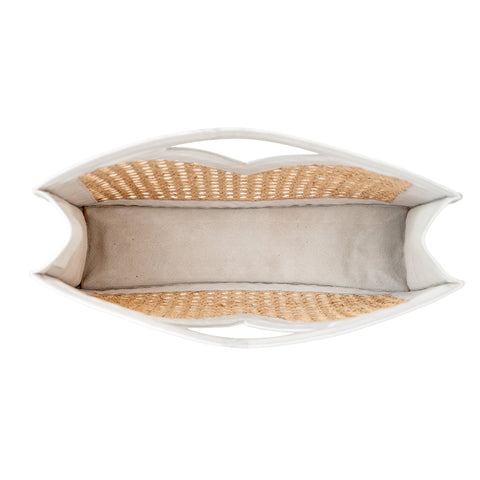 Vacation Handmade Geometric Rattan Clutch with Leather Trim