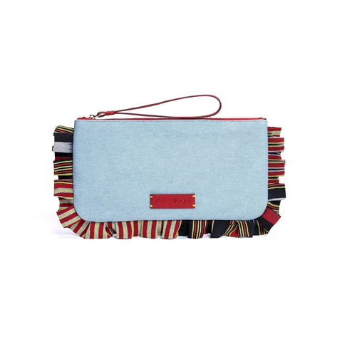 Ruffled Stripe Denim Clutch with Zip Top