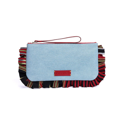 Ruffled Stripe Denim Clutch with Zip Top