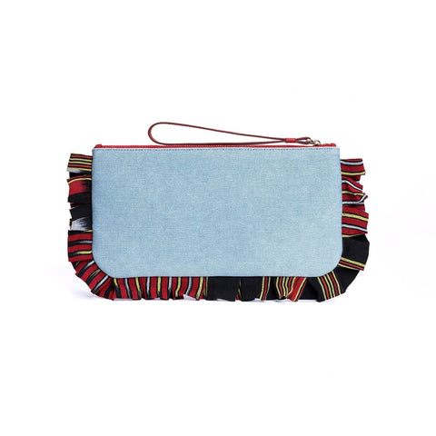 Ruffled Stripe Denim Clutch with Zip Top
