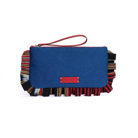 Handwoven Stripe Clutch with Ruffles and Zip Top