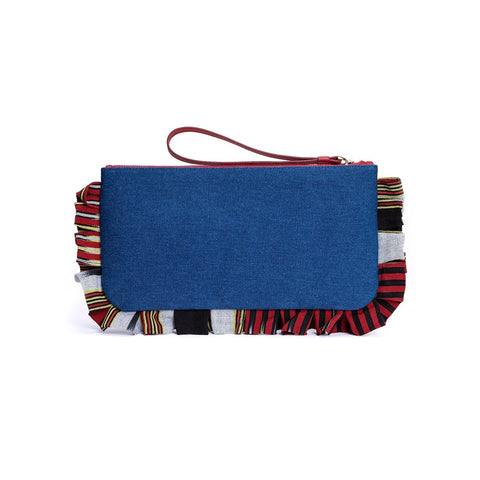 Handwoven Stripe Clutch with Ruffles and Zip Top