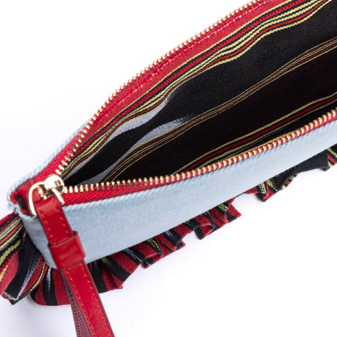 Ruffled Stripe Denim Clutch with Zip Top