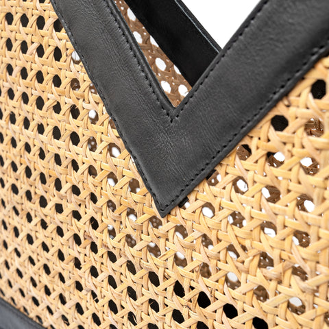 Vacation Handmade Geometric Rattan Clutch with Leather Trim