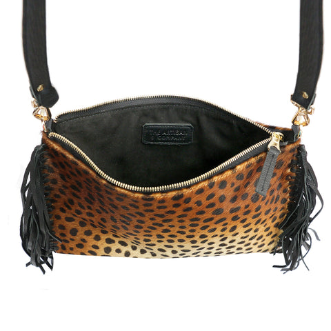 Animal Leopard Clutch with Fringe and Zipper Closure