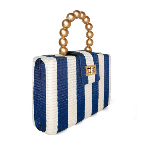 Handmade Beaded Stripe Raffia Clutch with Turn Lock Closure