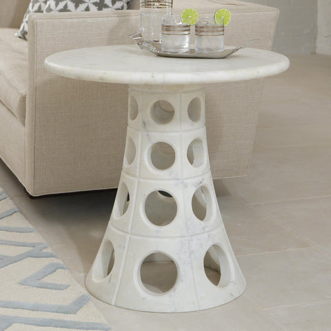 Global Views Space Saving Modern Curved Marble Drum Accent Table - 26 W