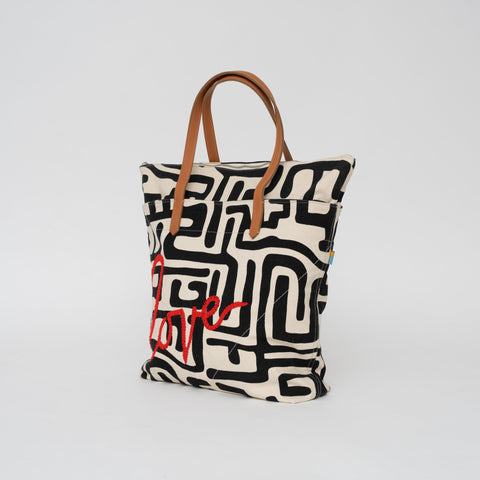 Love Graphic Hand Screen Printed Tote with Beads and Zipper