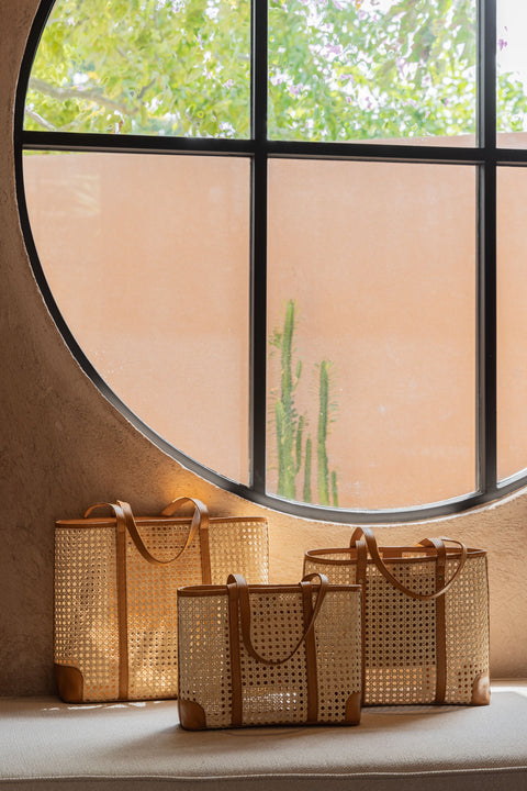 Geometric Open Top Leather Rattan Tote