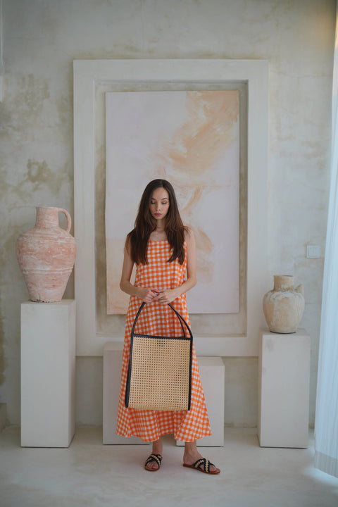 Casual Geometric Handmade Rattan Tote with Leather Trim