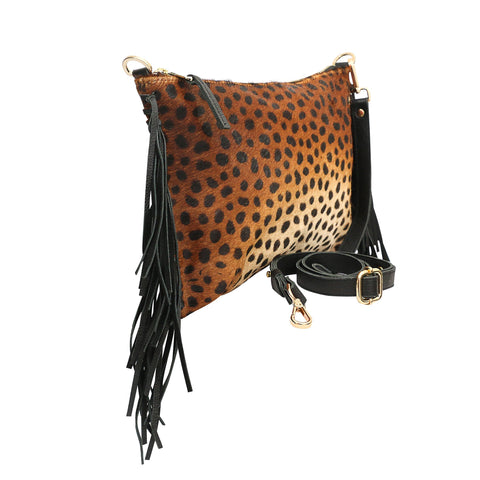 Animal Leopard Clutch with Fringe and Zipper Closure