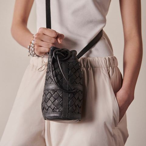 Casual Geometric Handwoven Bucket Bag with Braided Drawstring