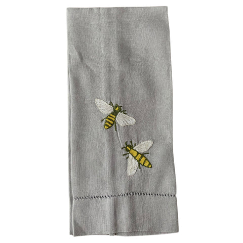 Handwoven Bee Embroidery Linen Print Tea Towel
