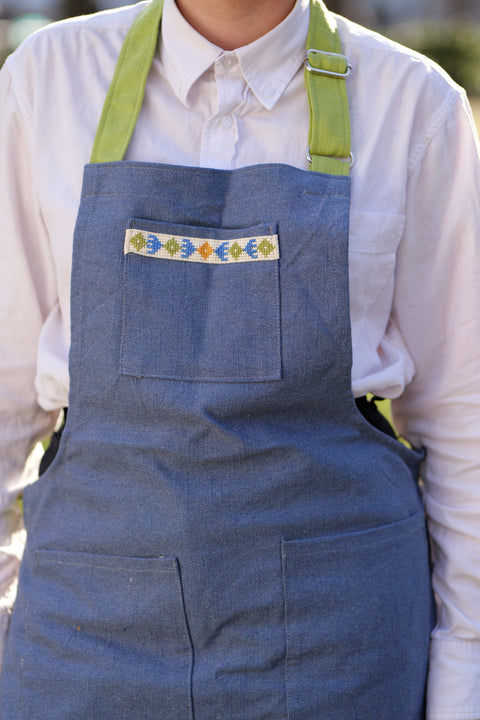 Geometric Bib Apron with Embroidery and Adjustable Pockets