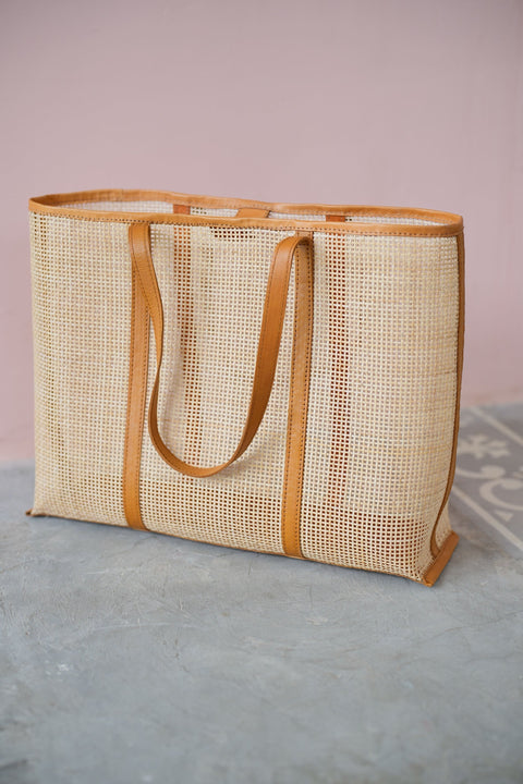 Beach Handmade Geometric Open Top Tote with Leather Trim