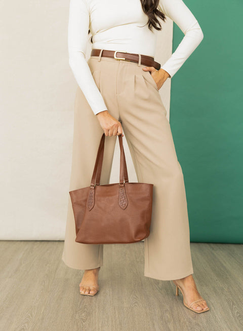 Braided Leather Tote with Magnetic Closure and Interior Pocket