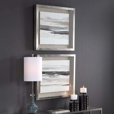 Uttermost Abstract Transitional Square Print with Silver Shadow Box Frame Wall Art - Set of 2