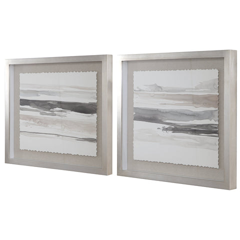 Uttermost Abstract Transitional Square Print with Silver Shadow Box Frame Wall Art - Set of 2
