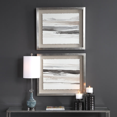 Uttermost Abstract Transitional Square Print with Silver Shadow Box Frame Wall Art - Set of 2