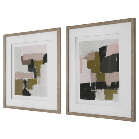 Uttermost Color Block Framed Prints Modern Abstract Oak Rectangle Wall Art - Set of 2