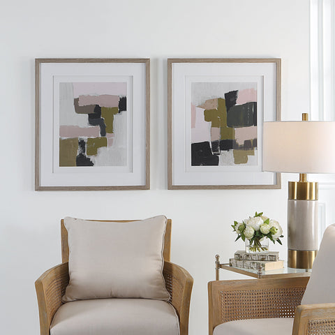Uttermost Color Block Framed Prints Modern Abstract Oak Rectangle Wall Art - Set of 2