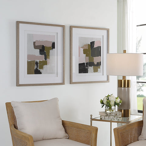 Uttermost Color Block Framed Prints Modern Abstract Oak Rectangle Wall Art - Set of 2