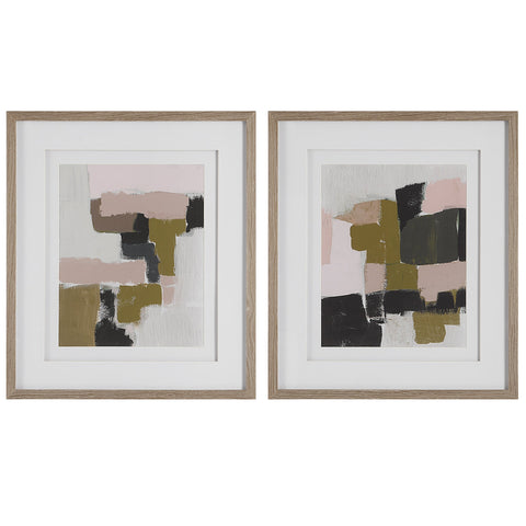 Uttermost Color Block Framed Prints Modern Abstract Oak Rectangle Wall Art - Set of 2
