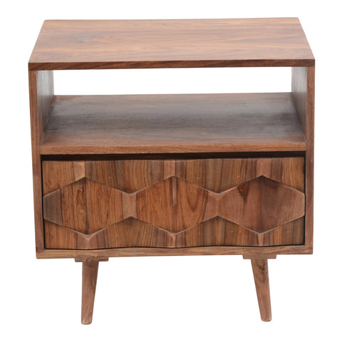 Mid Century Geometric Carved Wood Nightstand with Storage