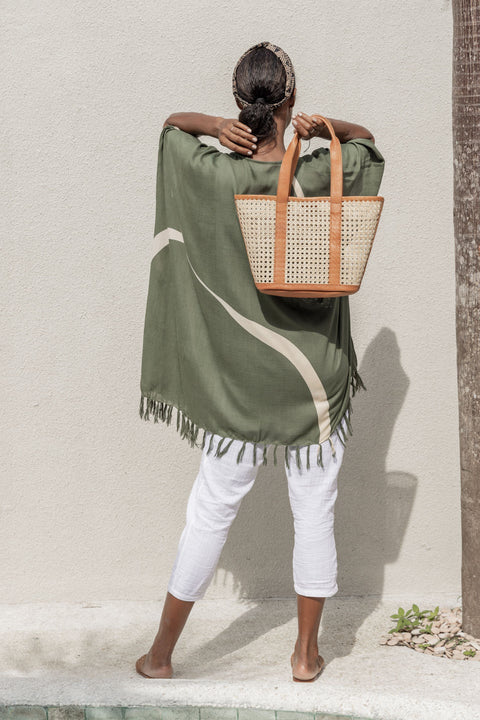 Beach Handmade Geometric Rattan Tote with Leather Trim