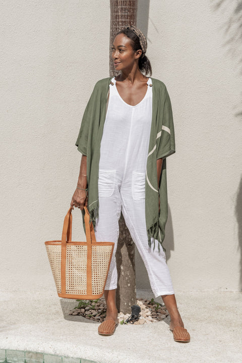 Beach Handmade Geometric Rattan Tote with Leather Trim