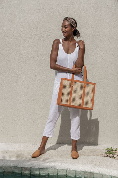 Casual Geometric Leather Trim Handmade Tote