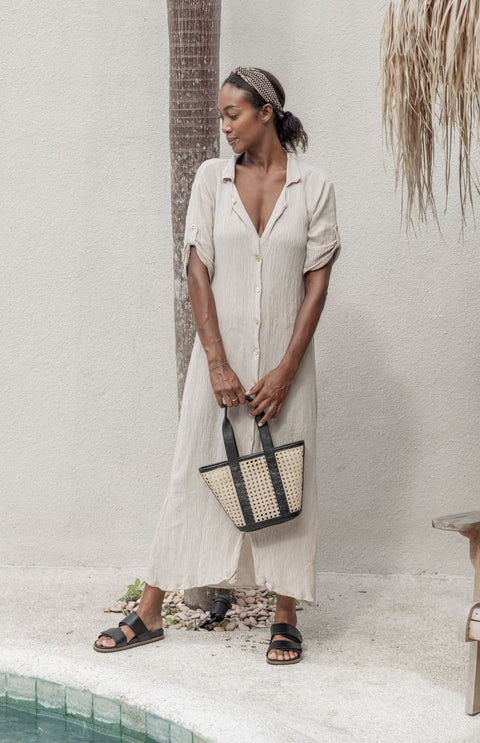 Beach Handmade Geometric Rattan Tote with Leather Trim