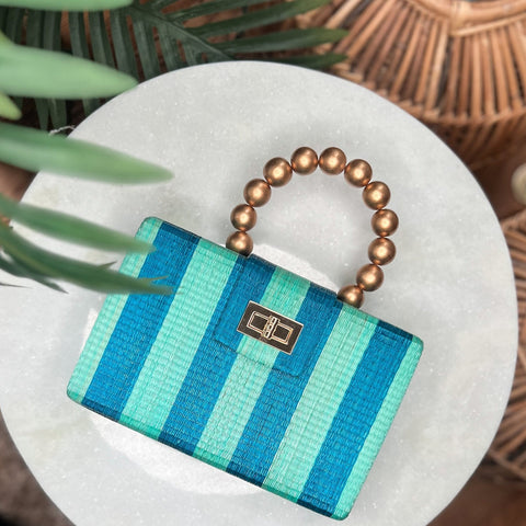 Beach Handmade Stripe Raffia Clutch with Turn Lock