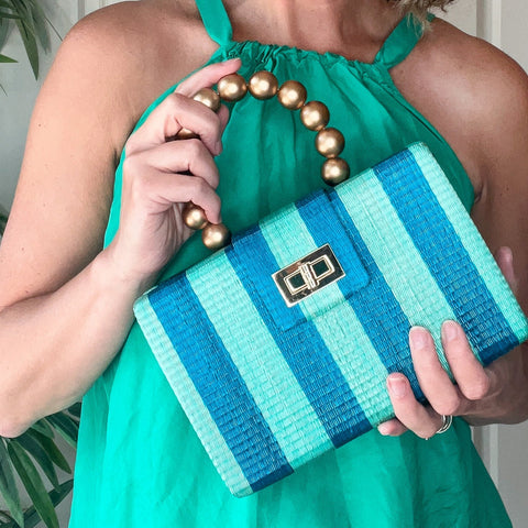 Beach Handmade Stripe Raffia Clutch with Turn Lock