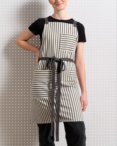 Bib Stripe Apron with Adjustable Crossback and Deep Pockets