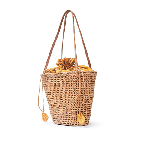 Beach Braided Rattan Basket Bag with Drawstring Closure