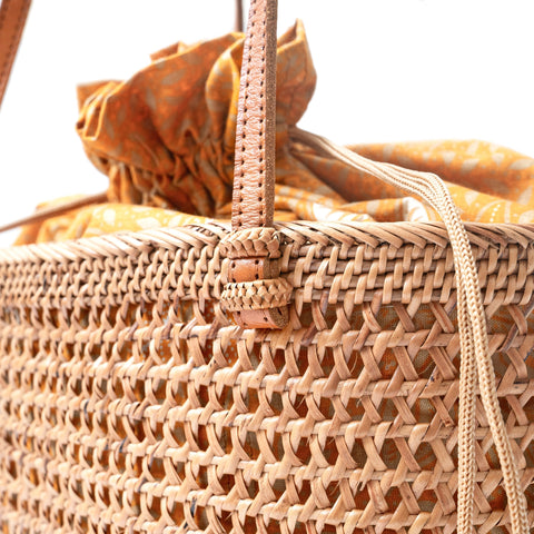 Beach Braided Rattan Basket Bag with Drawstring Closure