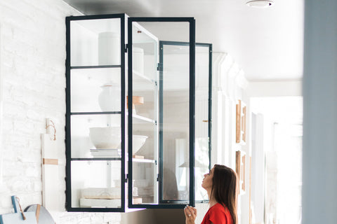 Modern Glass and Metal Wall Cabinet with Pull Handles