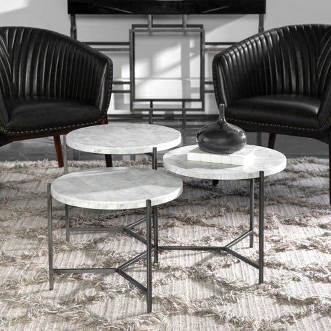Contemporary Marble Metal Tiered Round Coffee Table Set