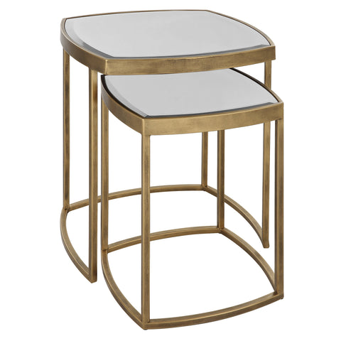 Contemporary Curved Mirror Nesting Table Set with Beveled Edge