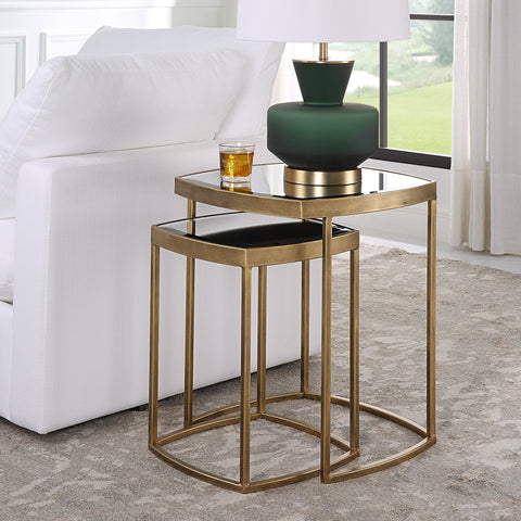 Contemporary Curved Mirror Nesting Table Set with Beveled Edge