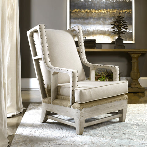 Artful Traditionalist Farmhouse Wingback Armchair with Nailhead Trim