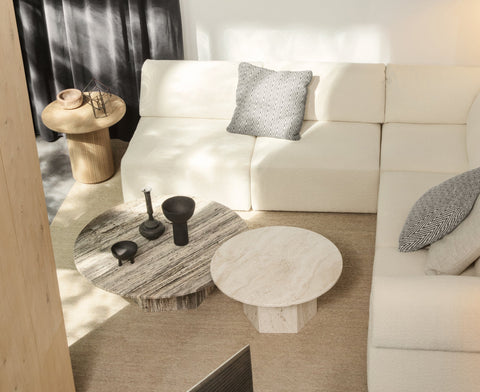 Timeless Minimalist Round Stone Coffee Table with Drum Base