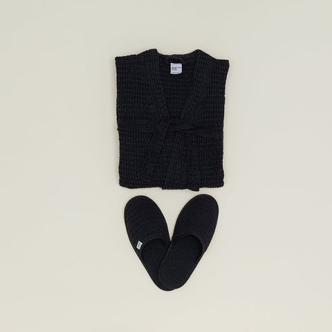 SIMPLE WAFFLE BATHROBE - BLACK