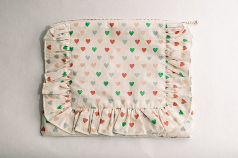Love in Bloom Heart Print Ruffled Zipper Pouch