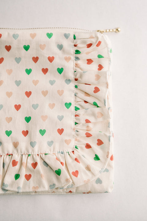 Love in Bloom Heart Print Ruffled Zipper Pouch