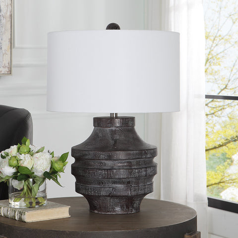 Timber Accent Column Table Lamp with Carving Rustic Design