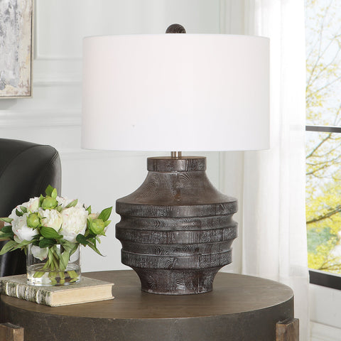 Timber Accent Column Table Lamp with Carving Rustic Design