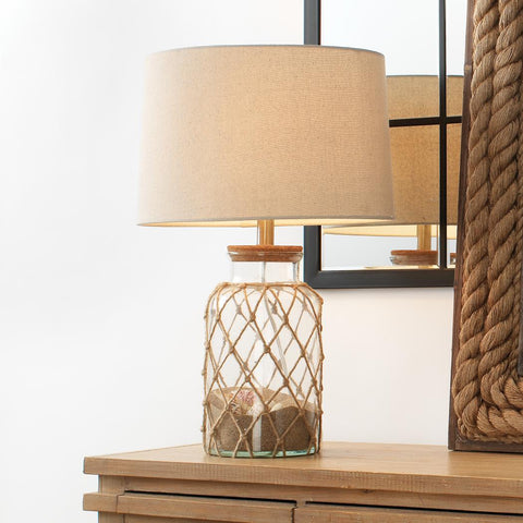 Hugo Coastal Accent Woven Drum Table Lamp with Seashells